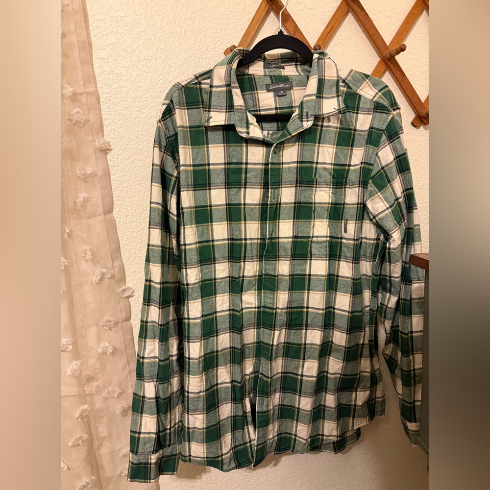 Eddie Bauer Green and White Plaid Button-Down Shirt